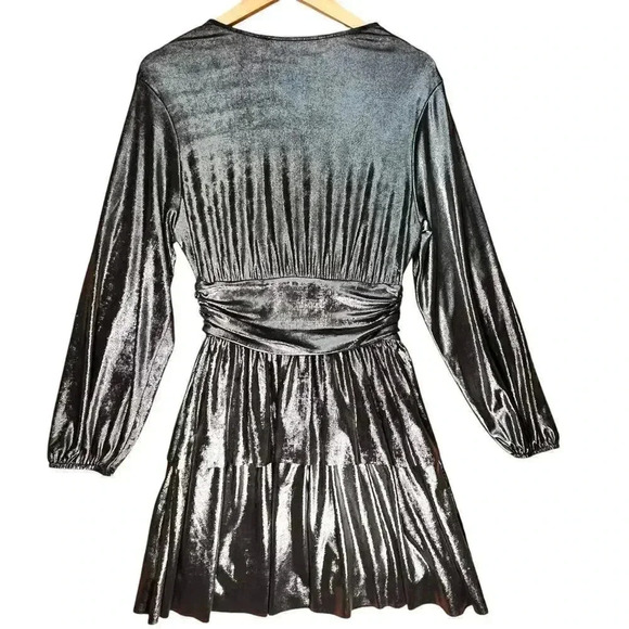 Zara Metallic Mini‎ Dress Long Sleeve Tiered Party Cocktail Silver Size S - Picture 2 of 5